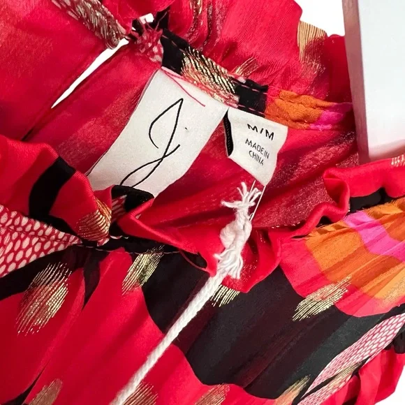 New JOIE Multicolored Ruffle Mandarin Collar Puff Sleeve Blouse Gold Accent Sz M - Picture 10 of 12